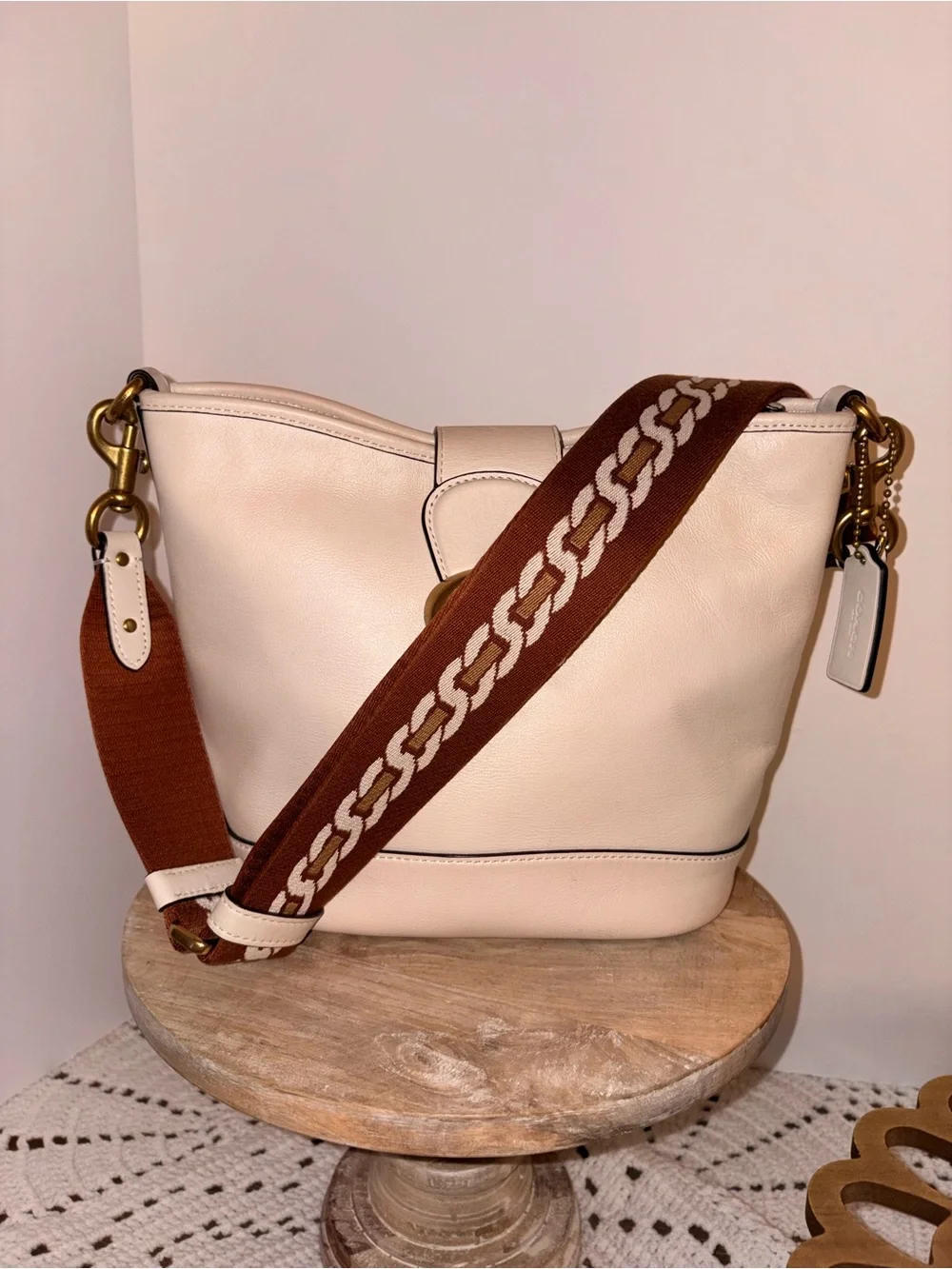 Coach chalk bucket Bag with Brown Patterned Strap and Gold Hardware